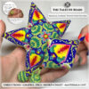 A set of colorful peyote star and a matching peyote pod held in hand on white background