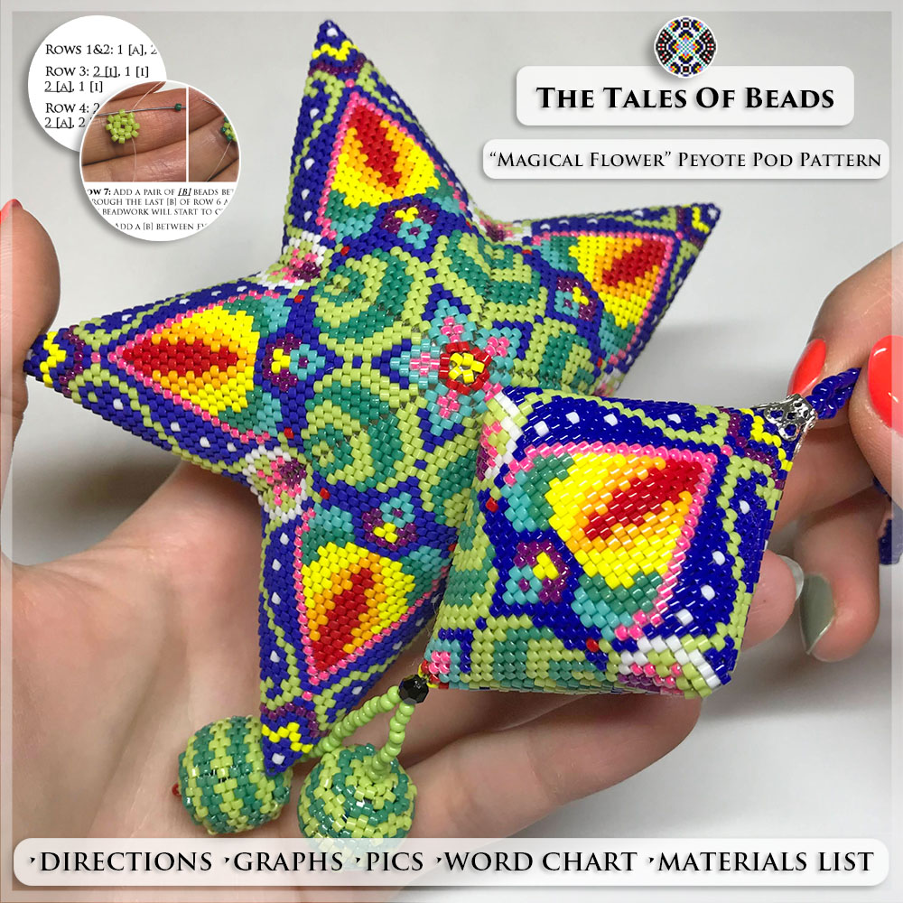 A set of colorful peyote star and a matching peyote pod held in hand on white background