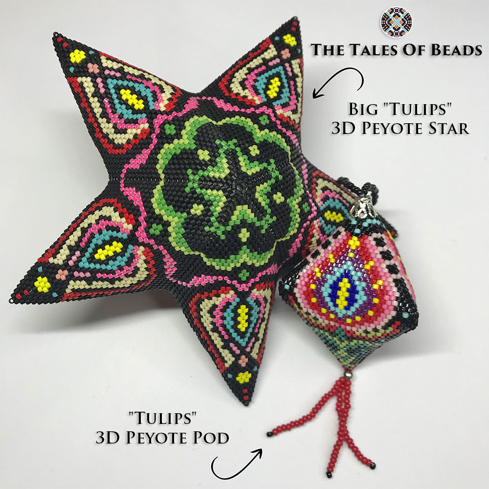 A set of a peyote star and a matching peyote pod with a floral motif shown on white background
