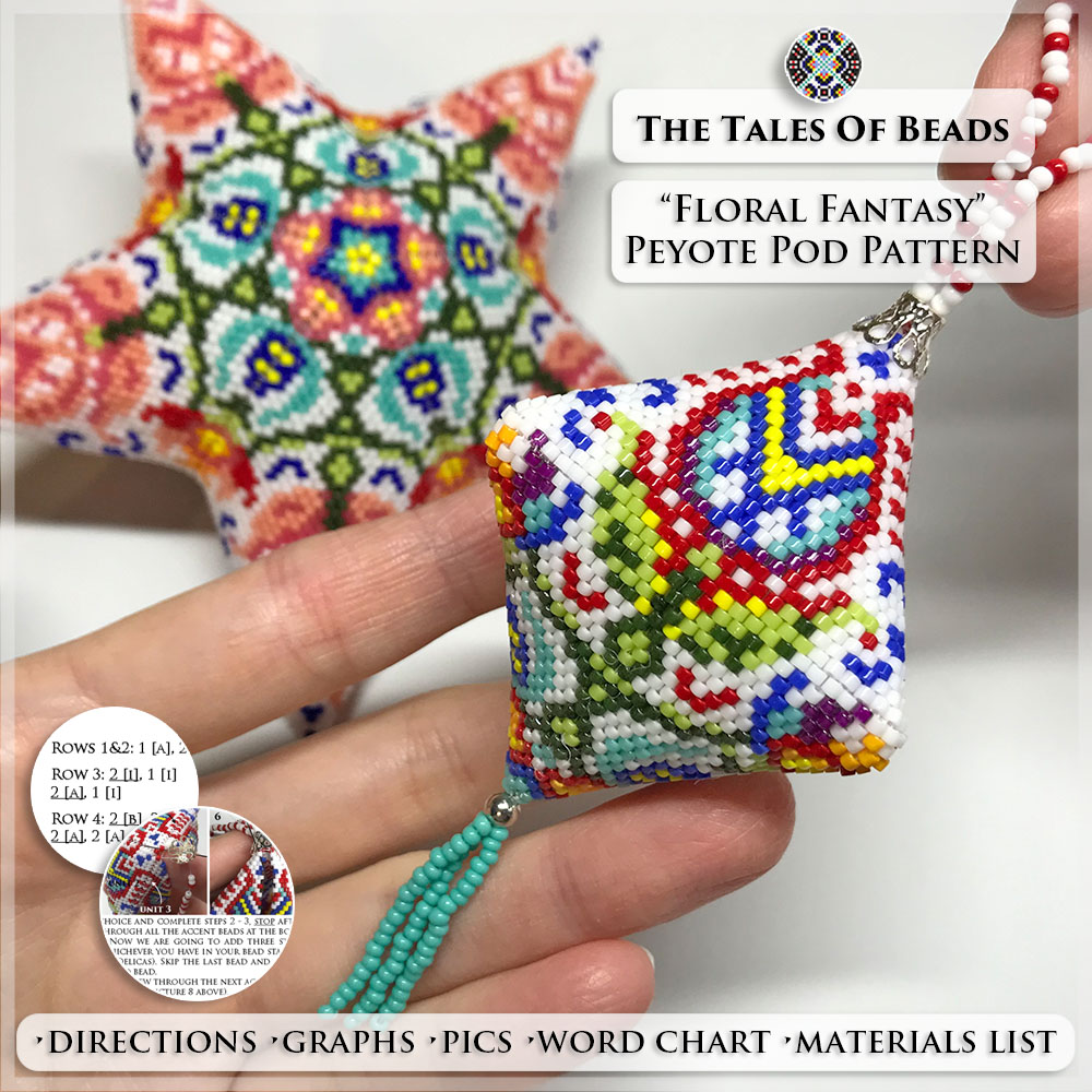 A set of folk art inspired peyote star and a matching peyote pod held in hand on white background