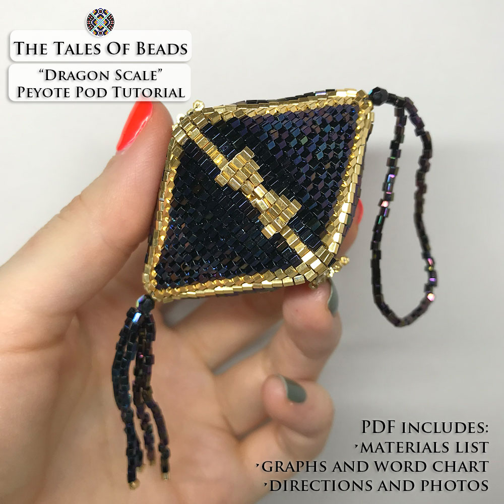 Peyote pod made with sparkly hexagon seed beads held in hand for scale