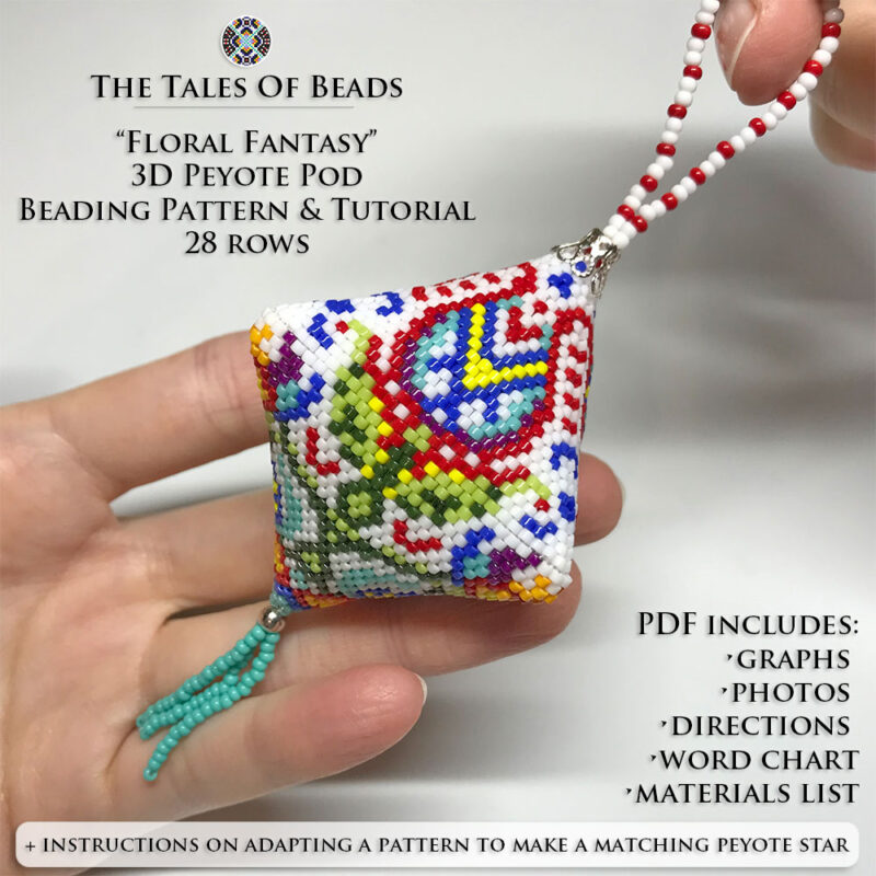Peyote pod with a colorful folk floral motif held in hand for scale