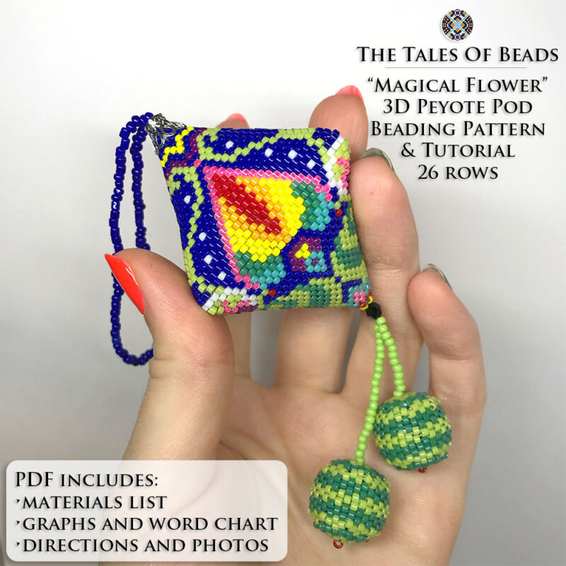 Peyote pod with a floral motif in rainbow colors held in hand for scale