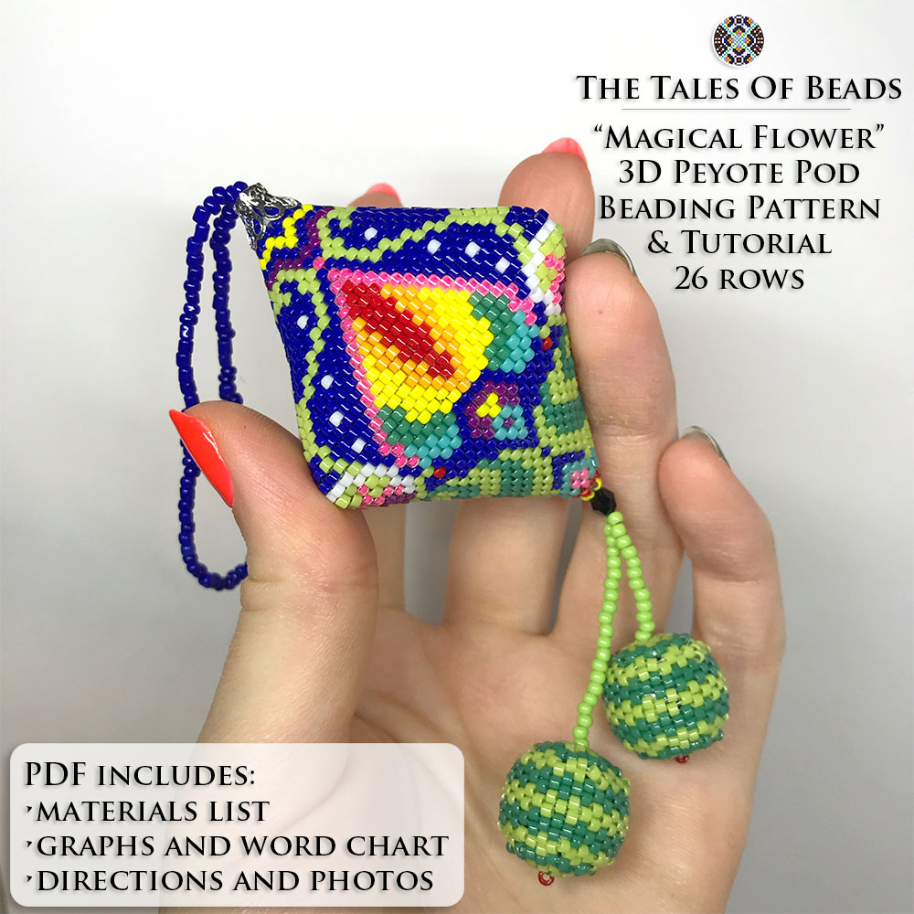 Peyote pod with a floral motif in rainbow colors held in hand for scale