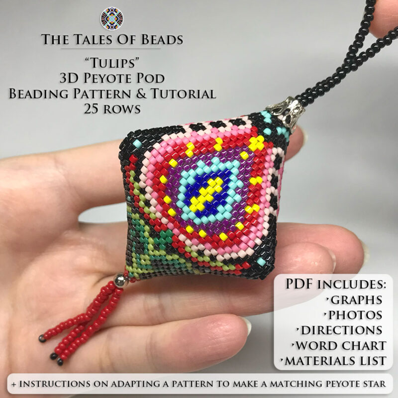 Folk art inspired beaded pod design with floral motif held in hand for scale