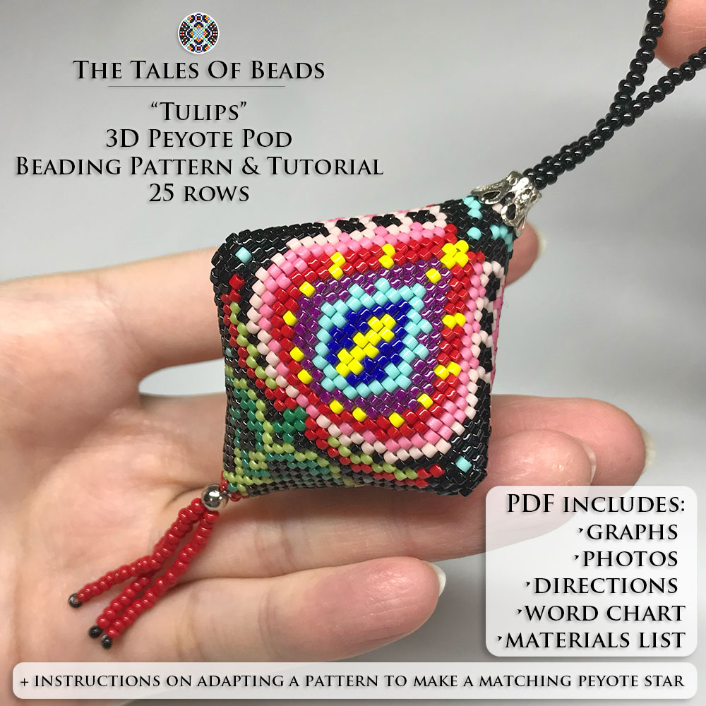 Folk art inspired beaded pod design with floral motif held in hand for scale