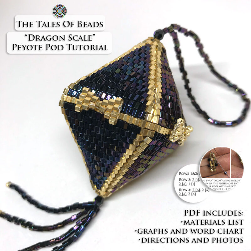 A shiny 3D peyote pod in iridescent dark blue and gold shown