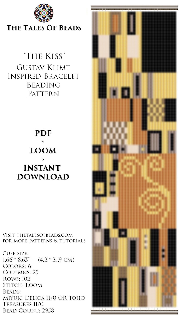 A beading pattern for Gustav Klimt's Kiss inspired loom cuff details