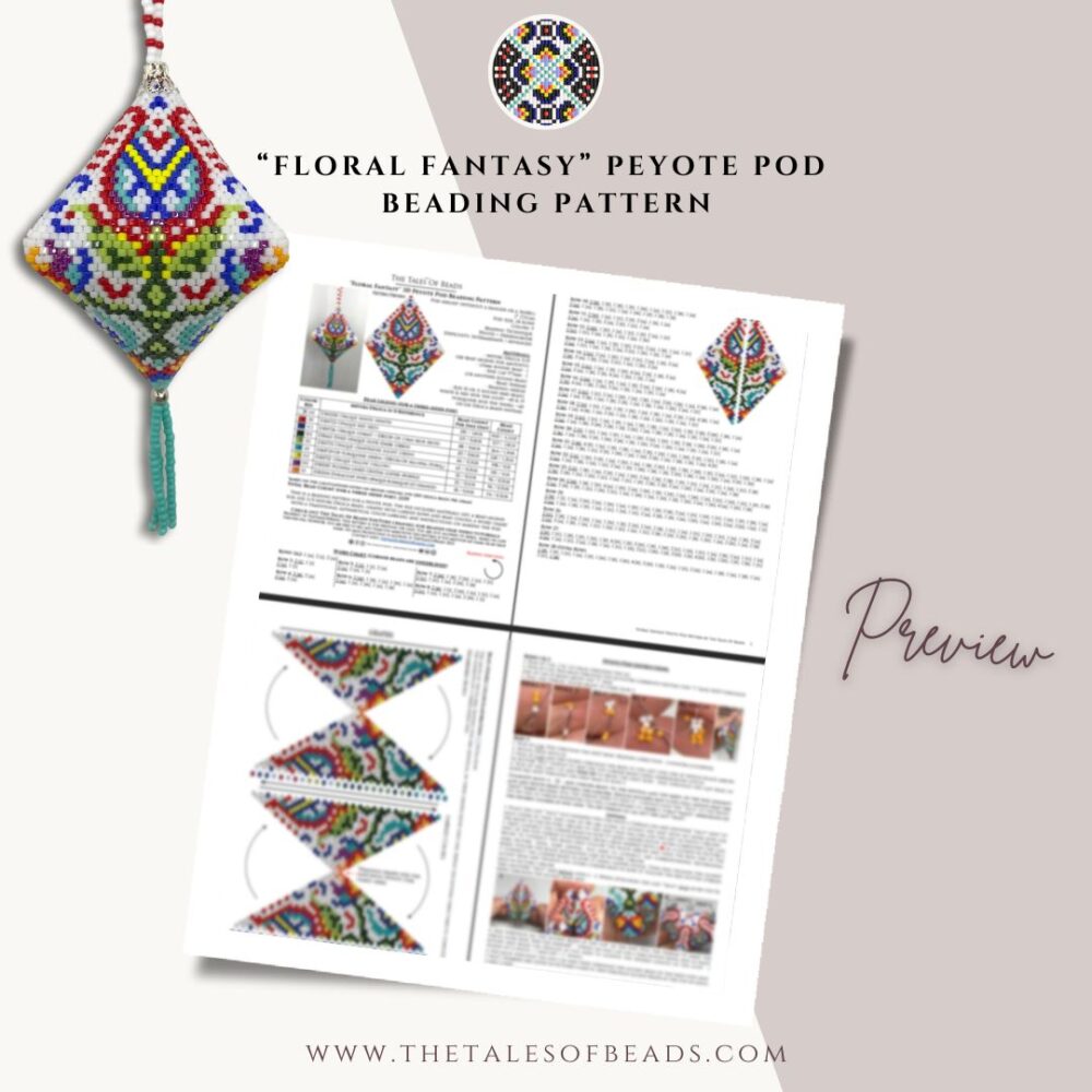 Peyote pod pattern PDF preview with graphs, word chart and instruction photos