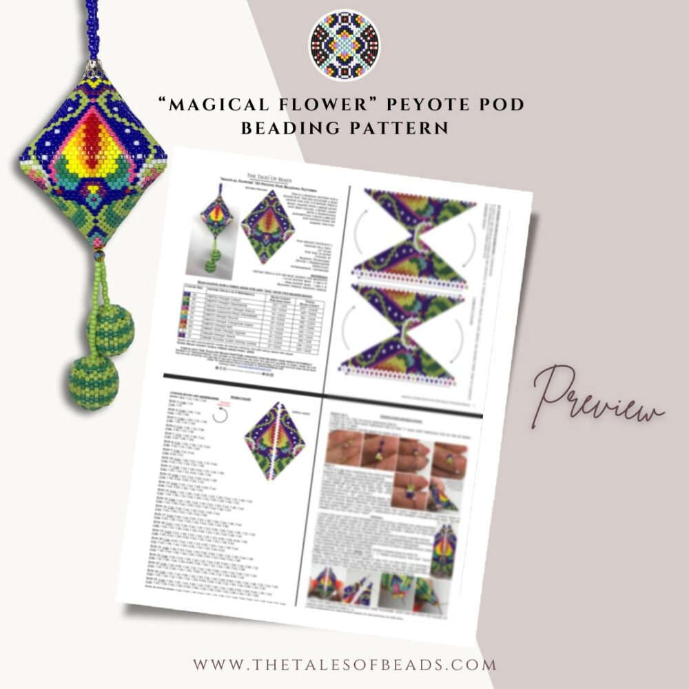 Peyote pod pattern PDF preview with graphs, word chart and instruction photos