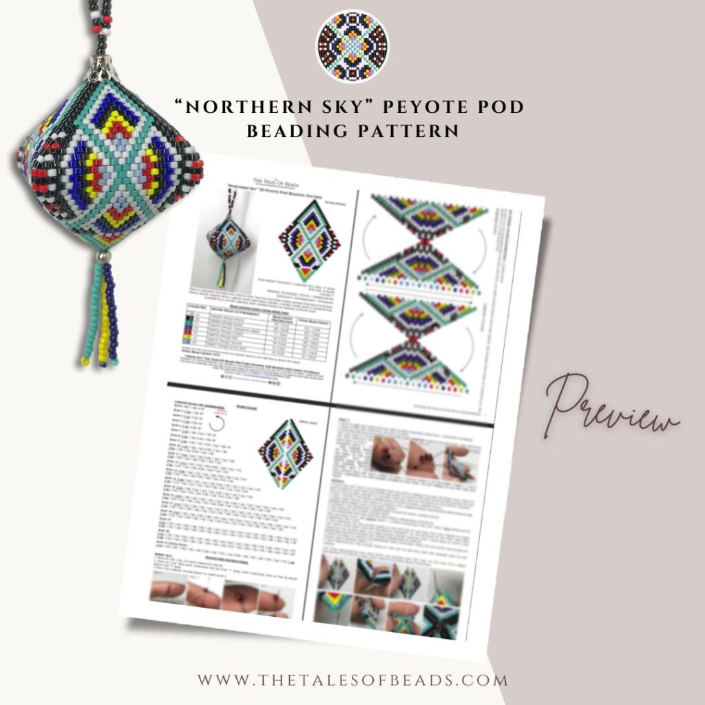 Peyote pod beading pattern PDF preview with graphs, word chart and instruction photos