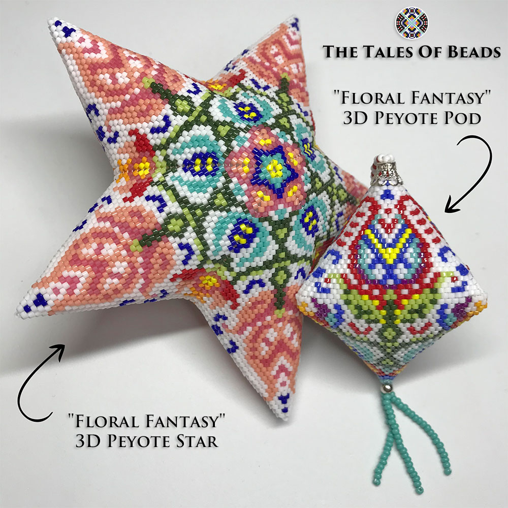 A set of a peyote star and a matching peyote pod with a repetitive floral motif on white background