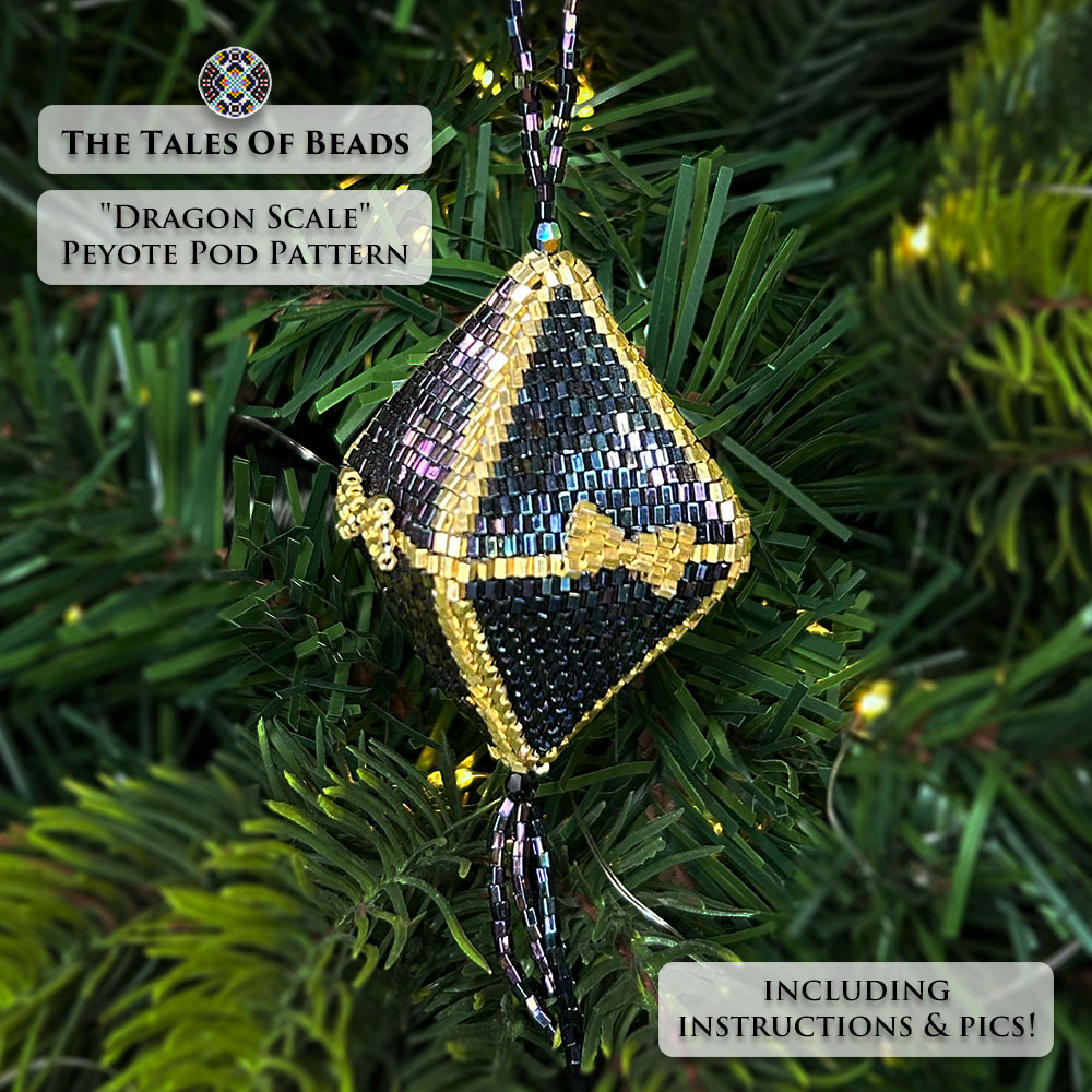 Close-up of a shiny beaded pod ornament displayed on a Christmas tree