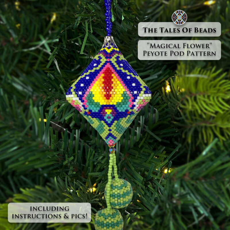 Close-up of the beaded pod ornament with a floral motif on a Christmas tree