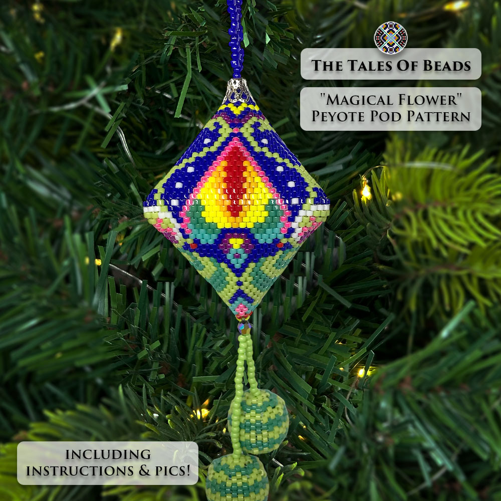 Close-up of the beaded pod ornament with a floral motif on a Christmas tree