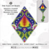 A collage showing a finished beaded pod ornament in bold colors and its graph