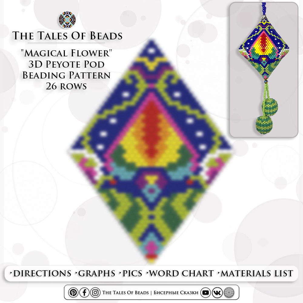 A collage showing a finished beaded pod ornament in bold colors and its graph