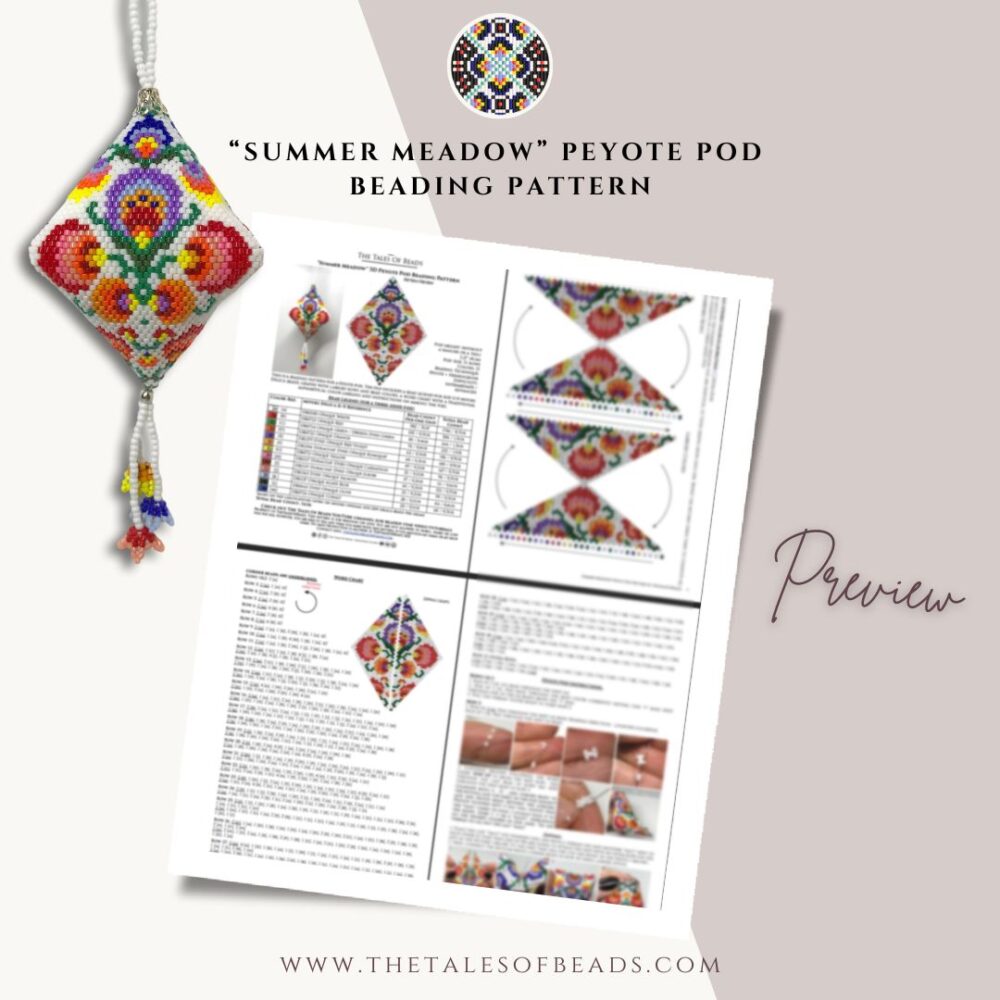 Peyote pod beading pattern PDF preview with graphs, word chart and instruction photos