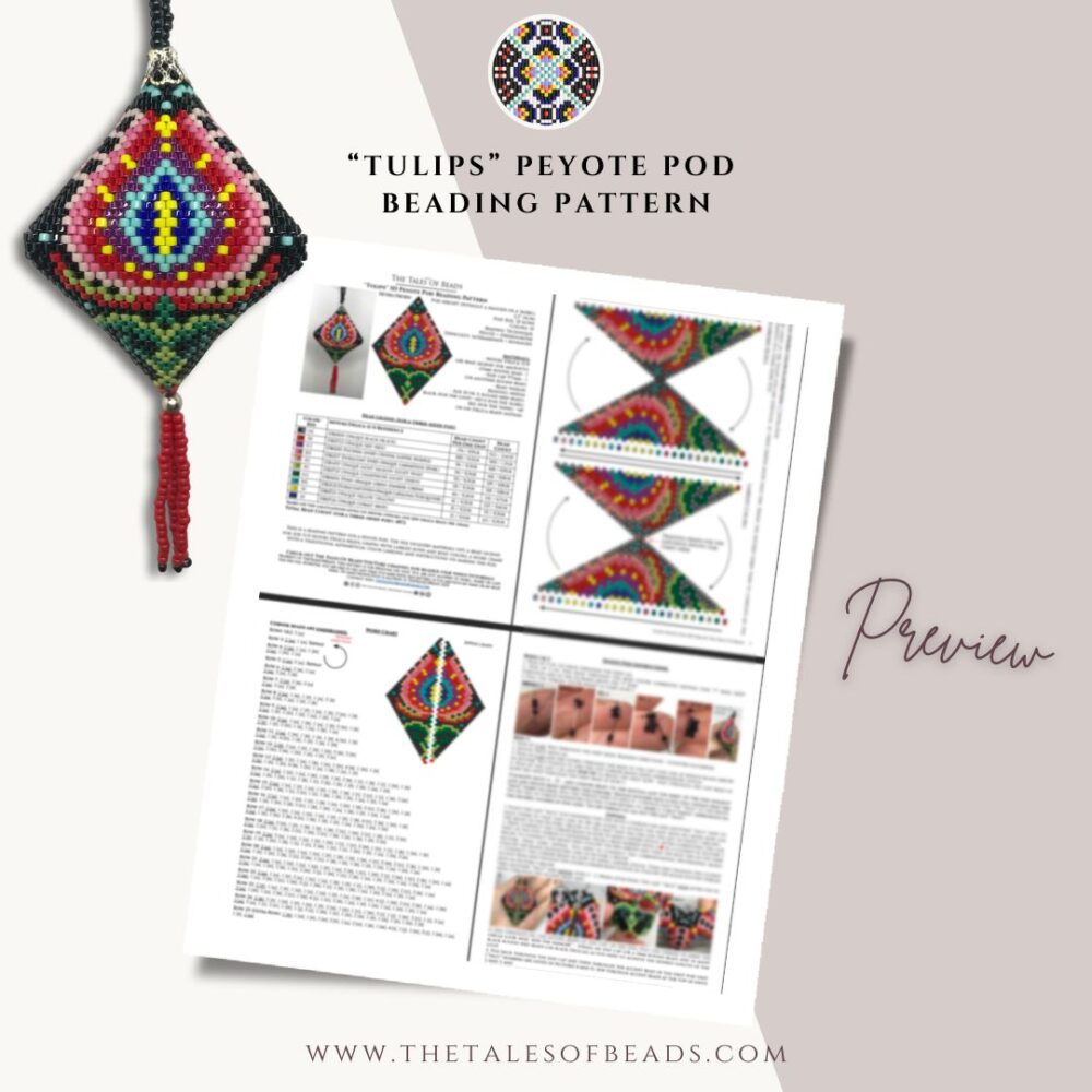 Beaded pod beading pattern PDF preview with graphs, word chart and instruction photos