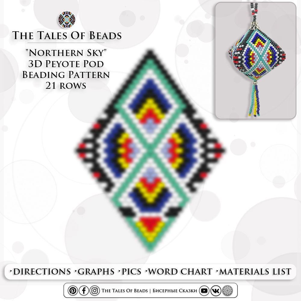 A collage showing a finished tribal beaded pod ornament and its graph