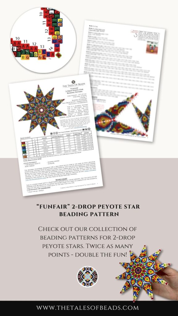 A white, yellow and red 2-drop peyote star beading pattern contents preview