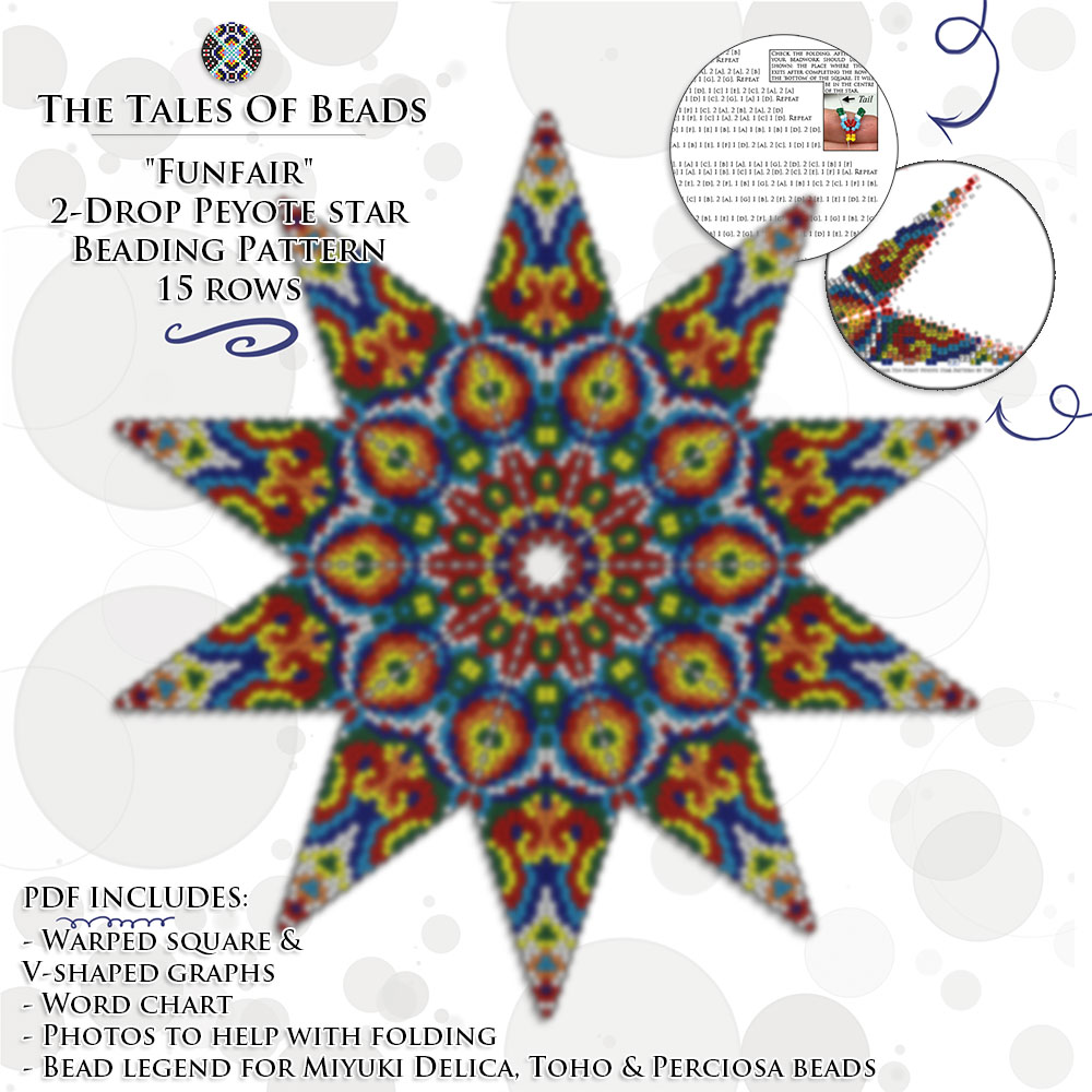 A collage showing a 2-drop peyote star beading graph preview and pattern extracts