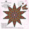 A collage showing an Indian art inspired 2-drop peyote star beading graph preview and pattern extracts