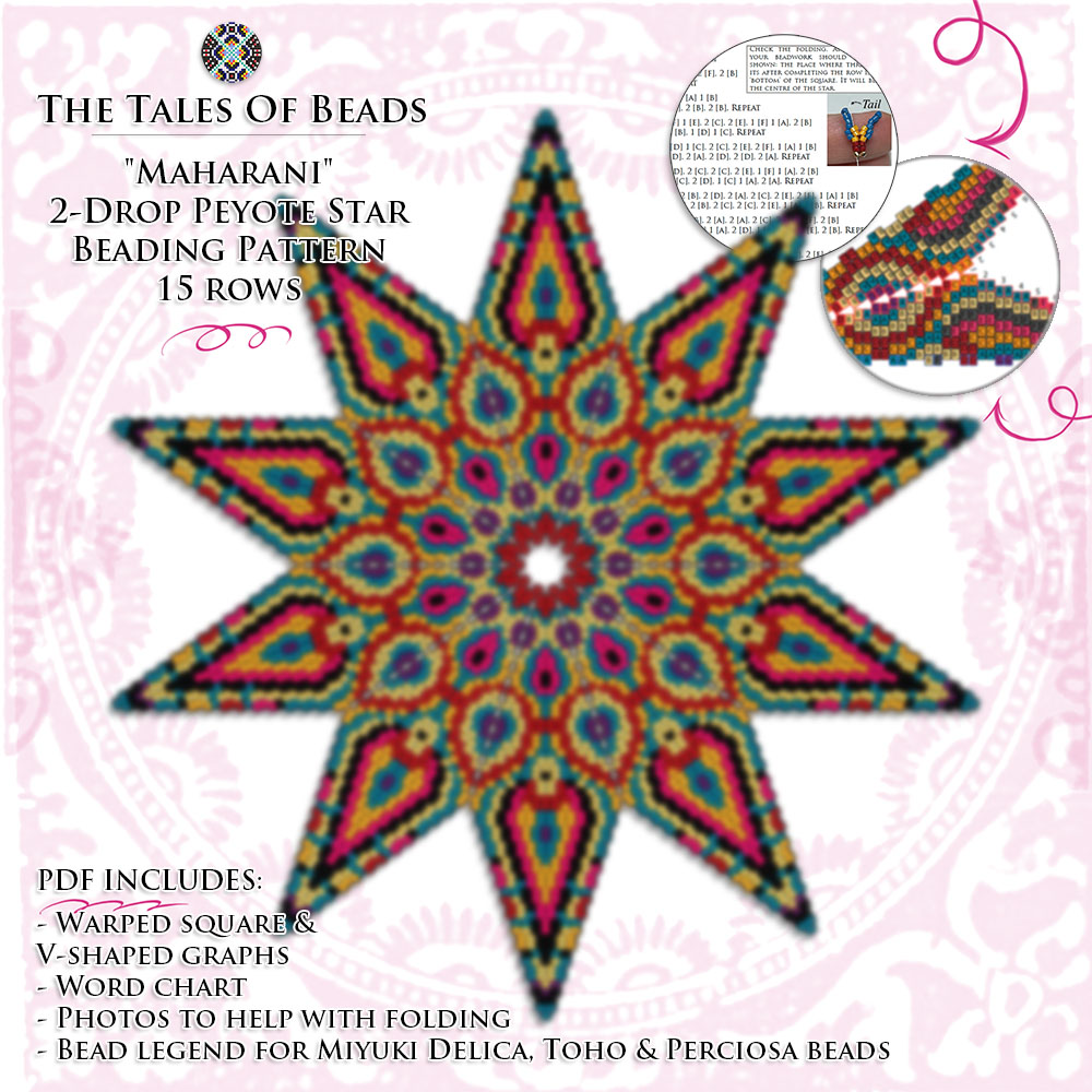A collage showing an Indian art inspired 2-drop peyote star beading graph preview and pattern extracts
