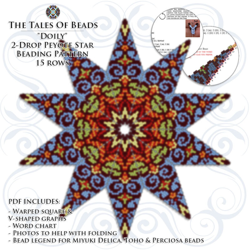 A collage showing a pastel colored 2-drop peyote star beading graph preview and pattern extracts