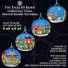 A collage image showing the four sides of the Christmas Town beaded bauble with the lights inside on as well as the pdf file information