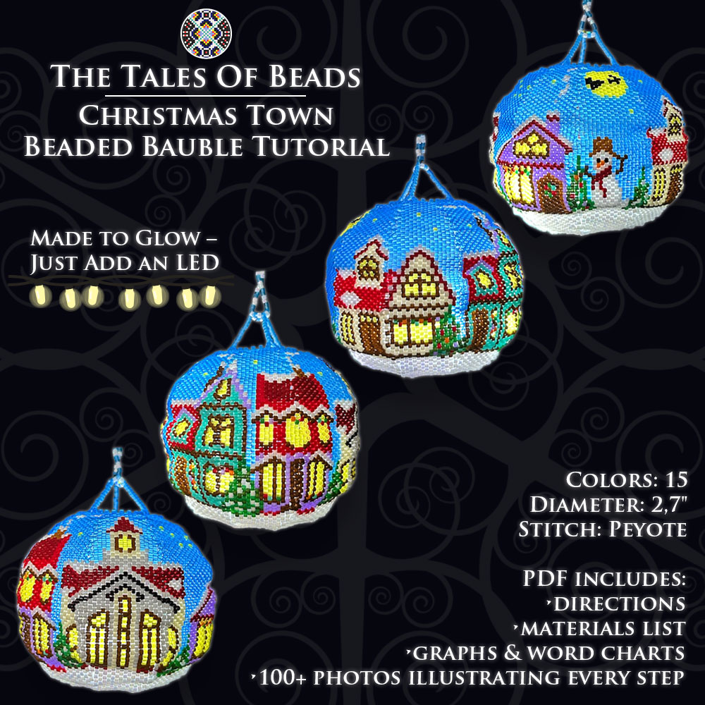 A collage image showing the four sides of the Christmas Town beaded bauble with the lights inside on as well as the pdf file information