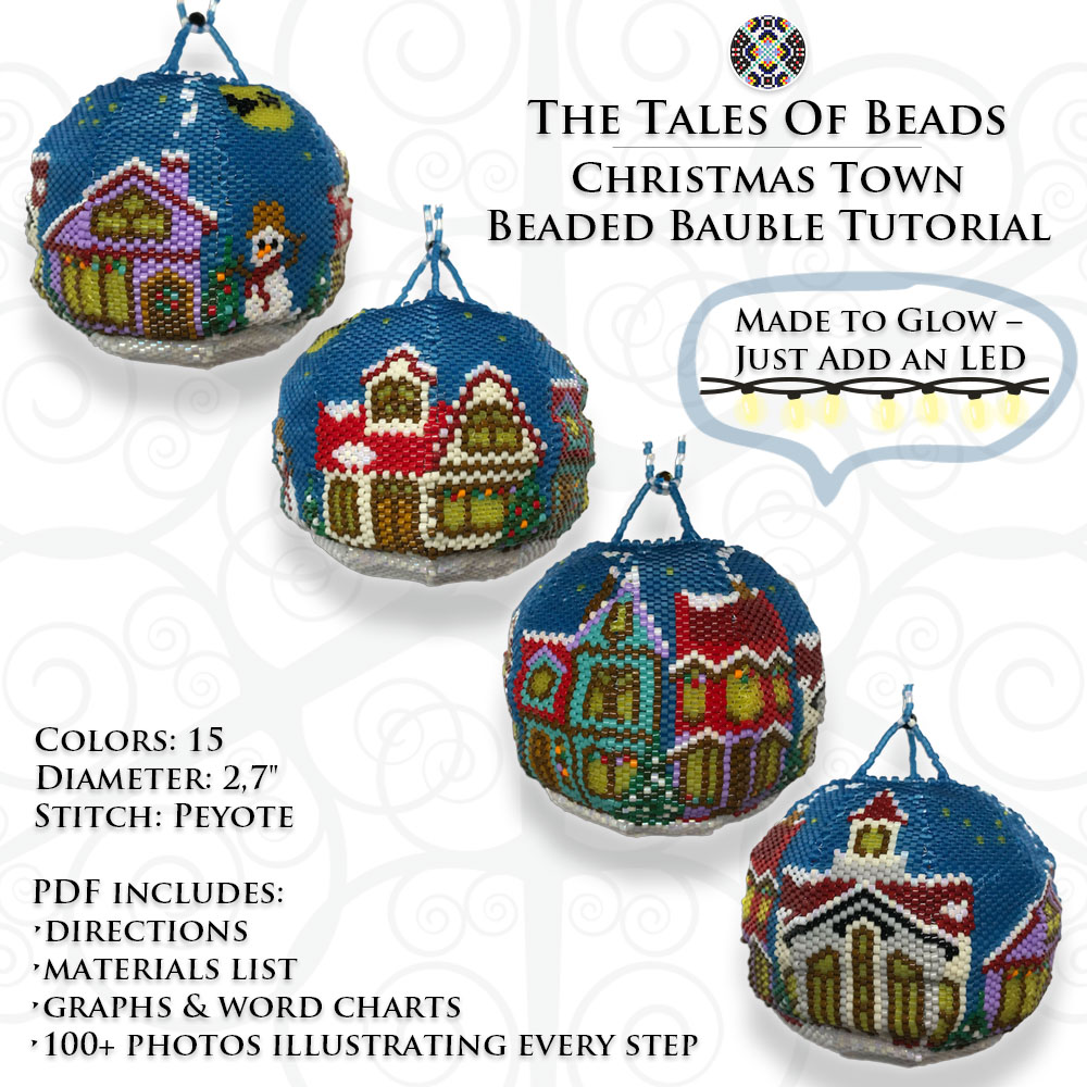 A collage image showing the four sides of the unlit Christmas Town beaded bauble as well as the pdf file information