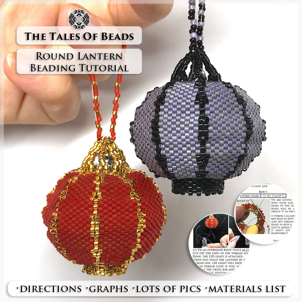 Two round lantern ornaments made with Miyuki Delica seed beads held in hand