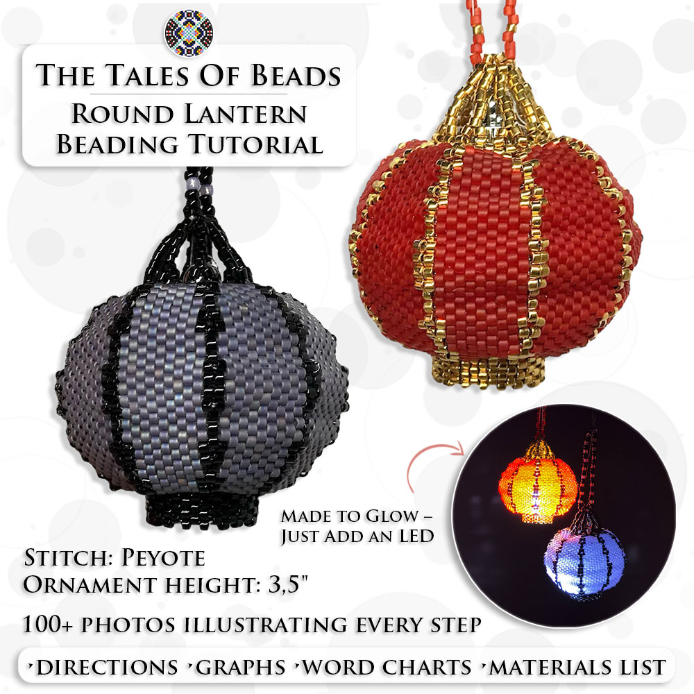 Beaded lanterns made with peyote stitch shown with and without LED lighting