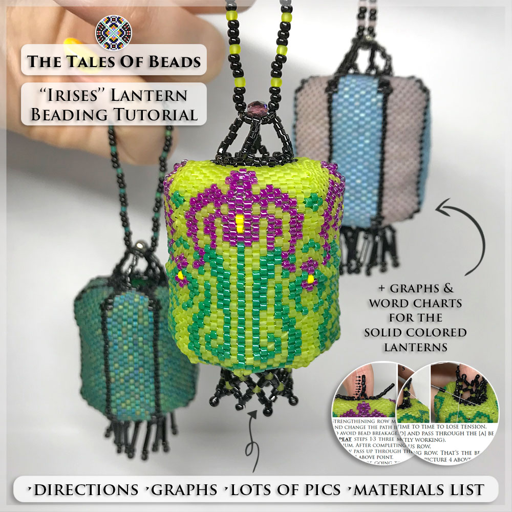 A set of three barrel-shaped lantern ornaments made with Miyuki Delica seed beads held in hand