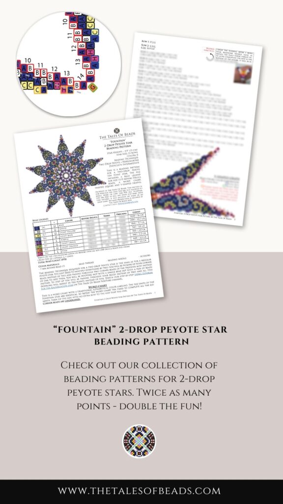 A blue, yellow and white 2-drop peyote star beading pattern contents preview