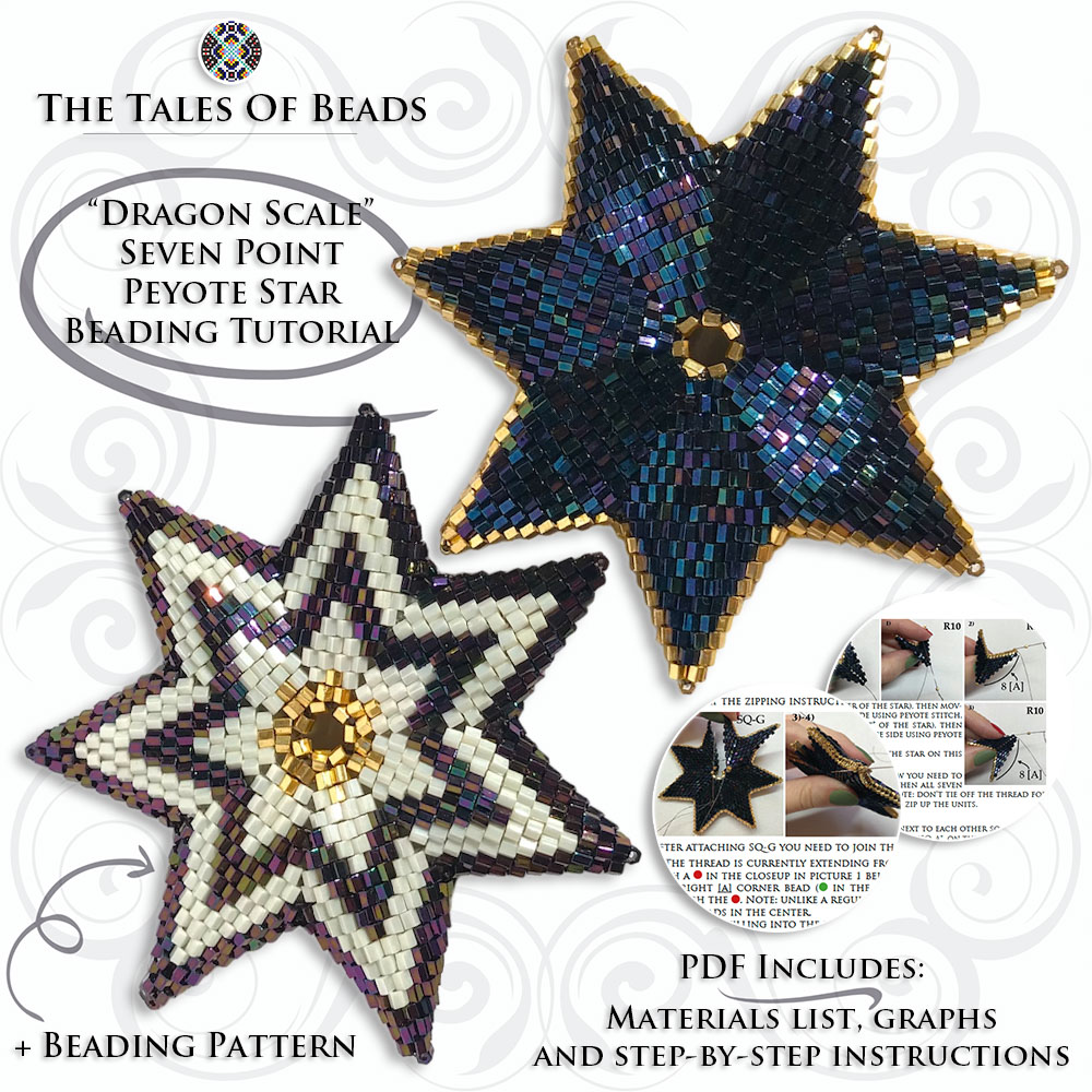 Side-by-side striped and two-color Dragon Scale beaded stars