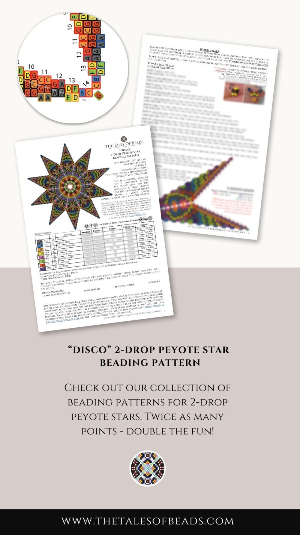 A colorful 2-drop peyote star beading pattern contents preview