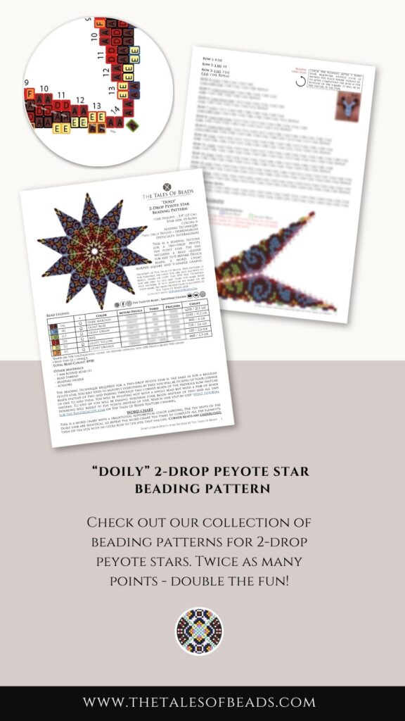 A blue, maroon and chartreuse 2-drop peyote star beading pattern contents preview