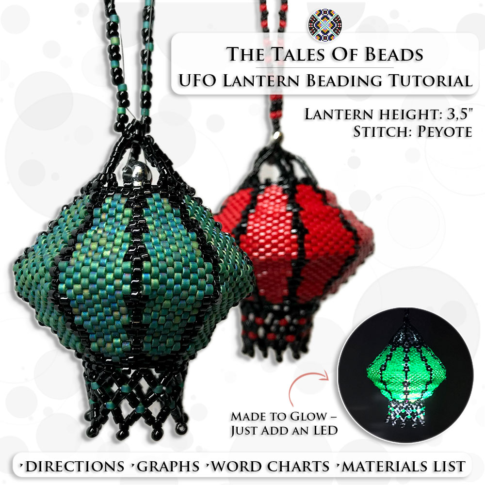 Side-by-side comparison of glowing and unlit beaded peyote lanterns