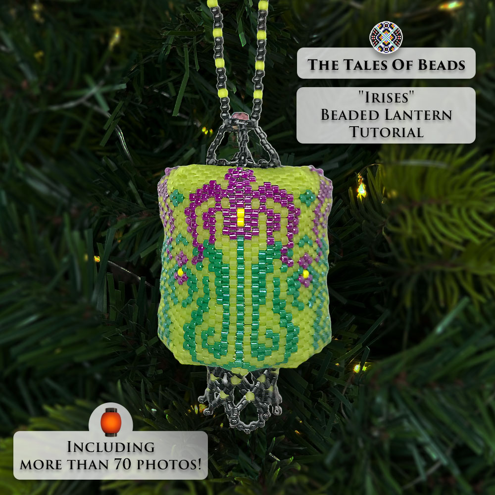 Beaded lantern with art nouveau floral motif displayed on a Christmas tree