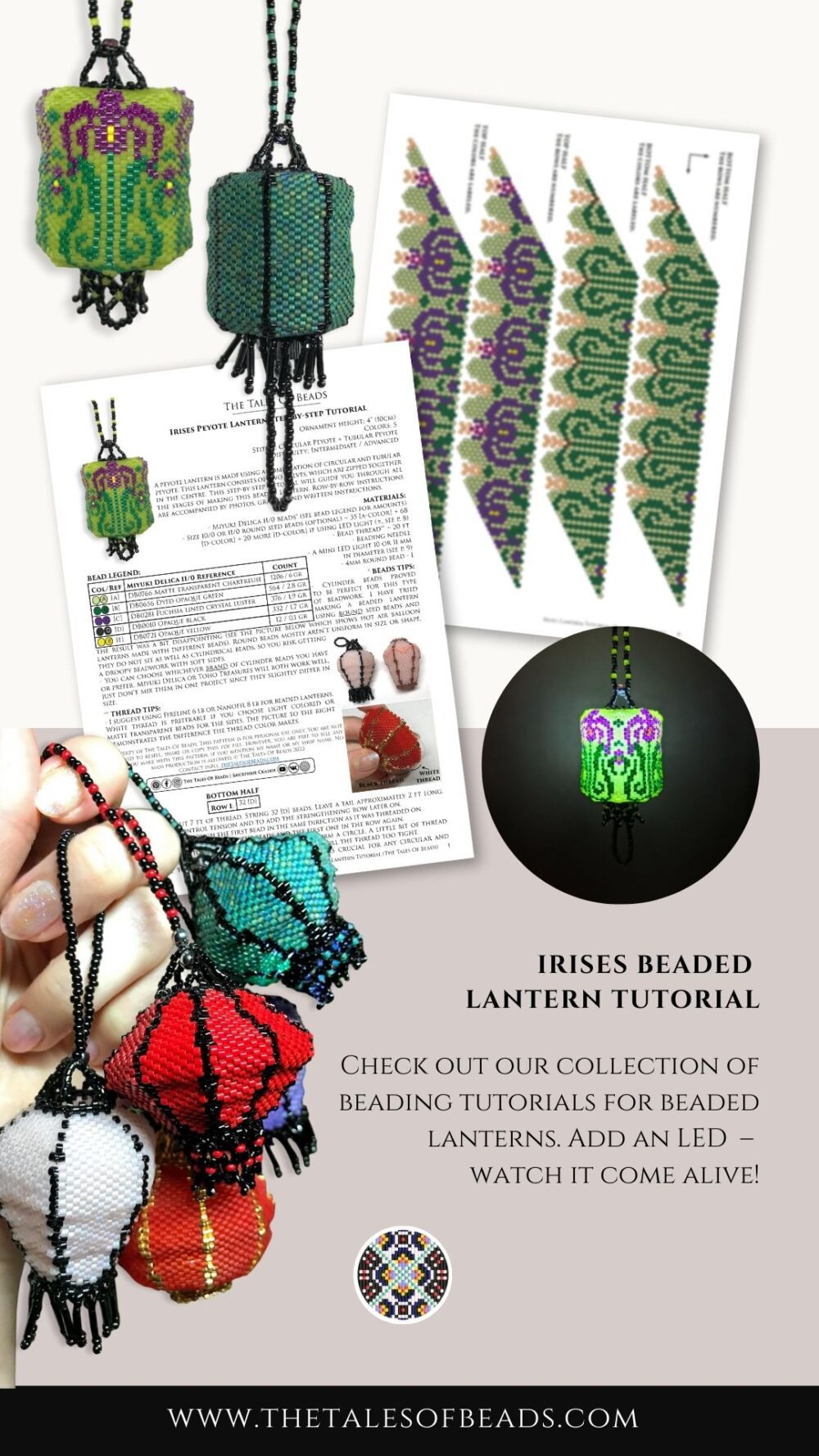 A glowing barrel-shaped beaded lantern beading tutorial contents preview