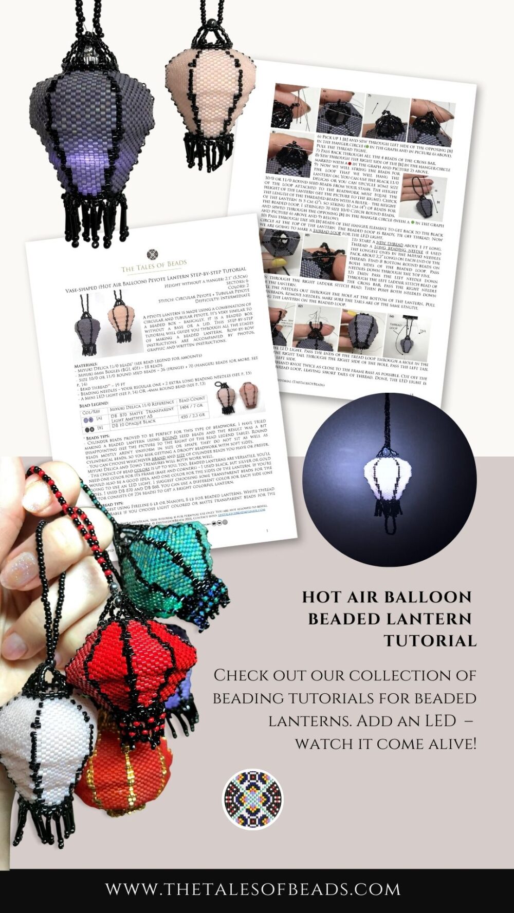 A glowing hot air balloon shaped beaded lantern beading tutorial contents preview