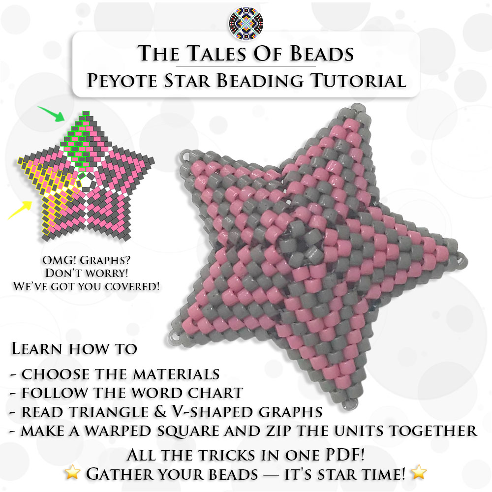 Collage showing a tiny striped peyote star and reveals the contents of the beading tutorial for it