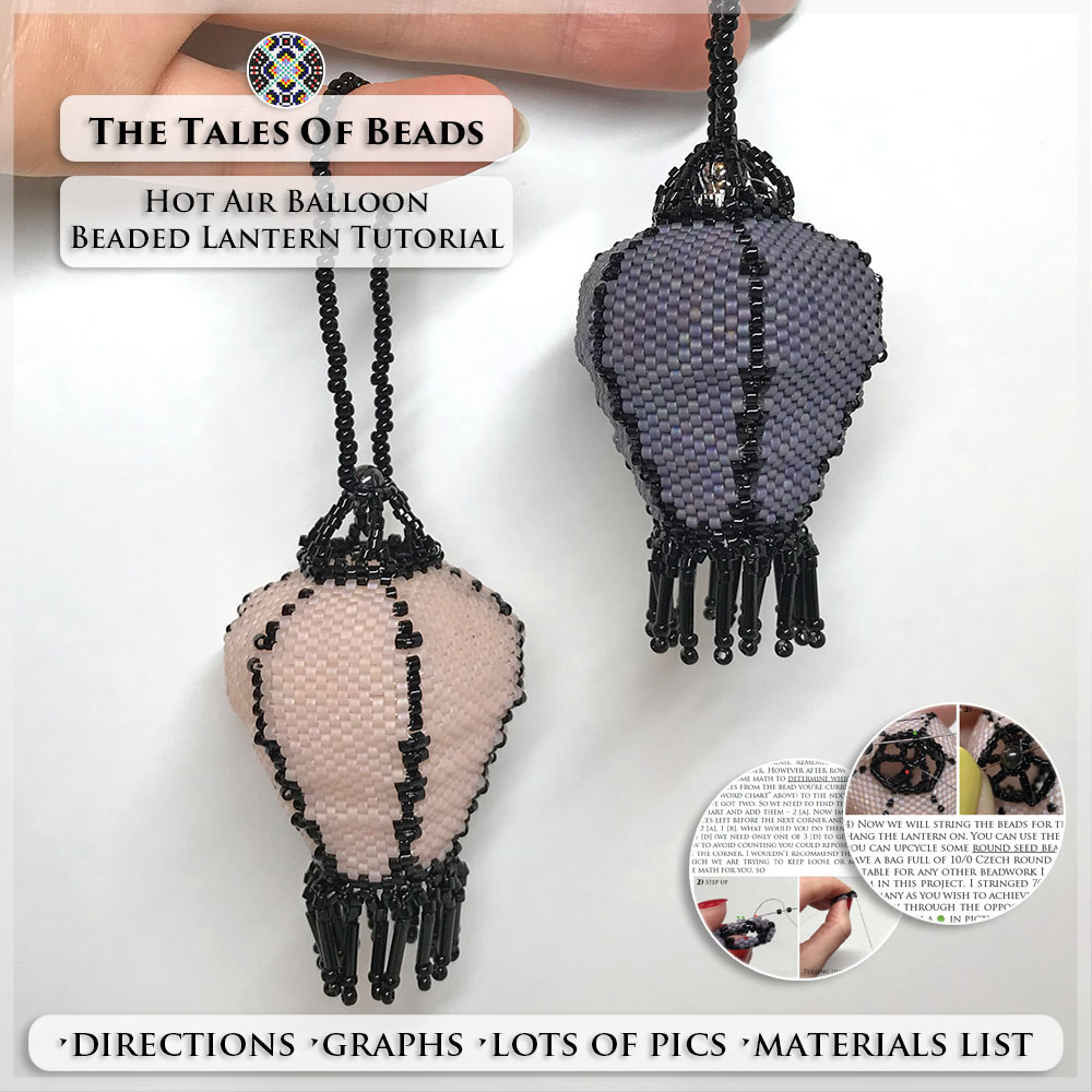 Two beaded hot air balloon lanterns made with Miyuki Delica seed beads held in hand