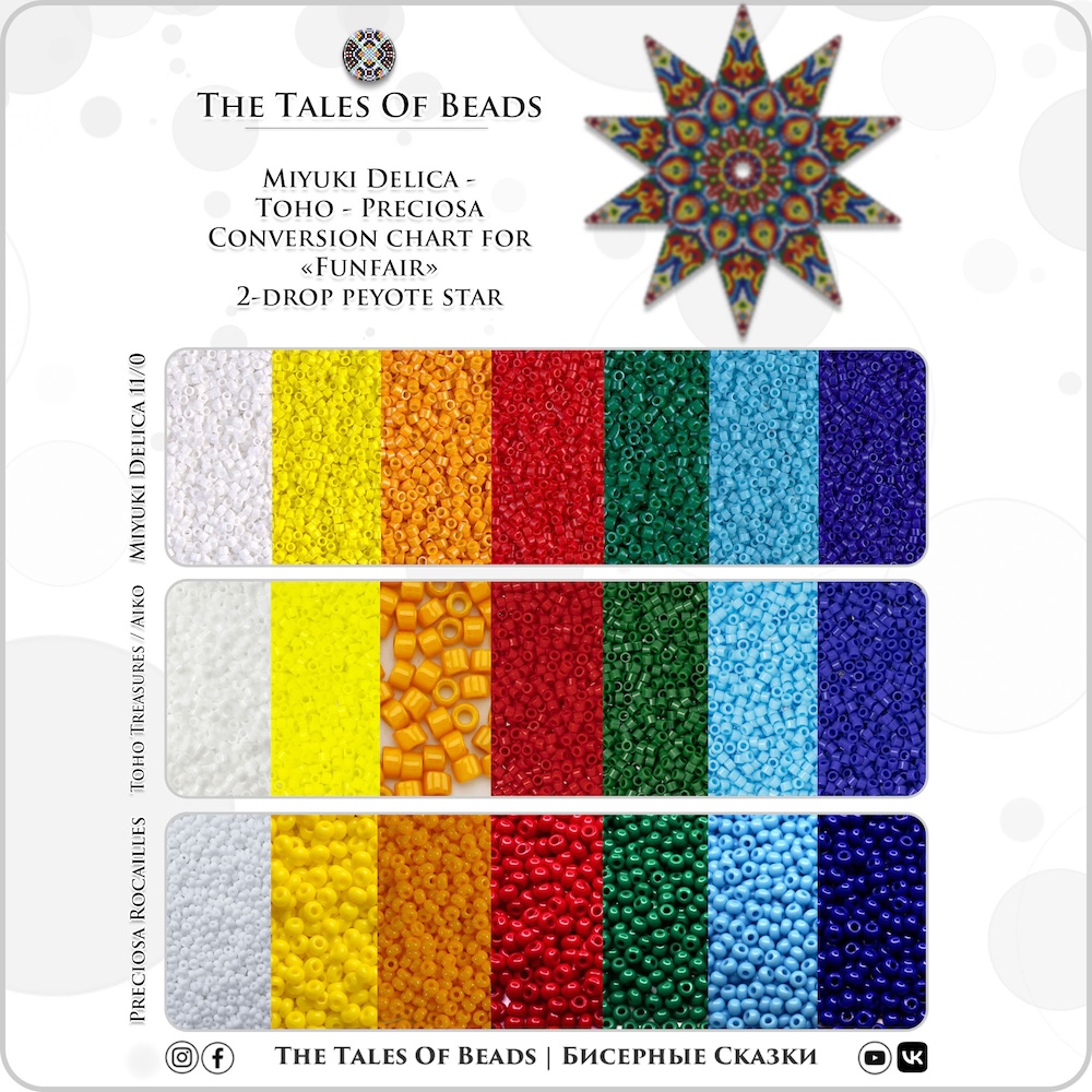Funfair Peyote Star pattern shown alongside Miyuki, Toho, and Preciosa bead color palettes