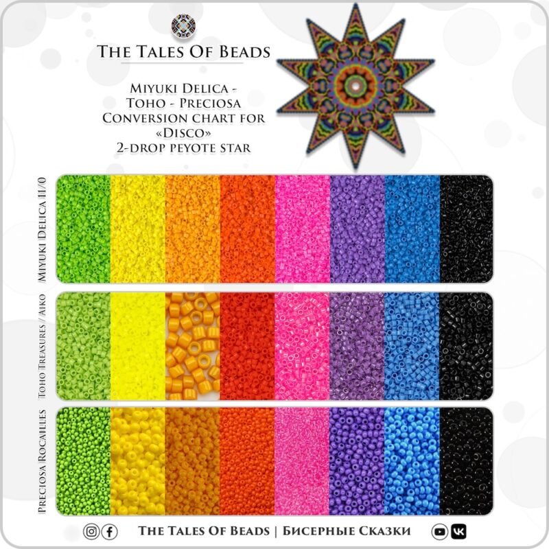 seed-beads-star-disco A collage showing a ten-pointed beaded star with three seed bead brands color palettes