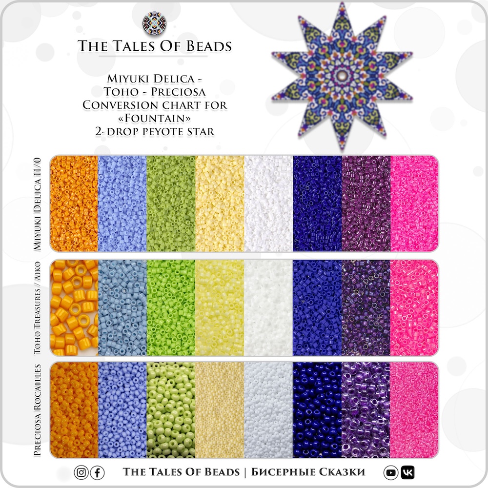 Preview of Fountain Two-Drop Peyote Star with three color palettes for different seed bead brands