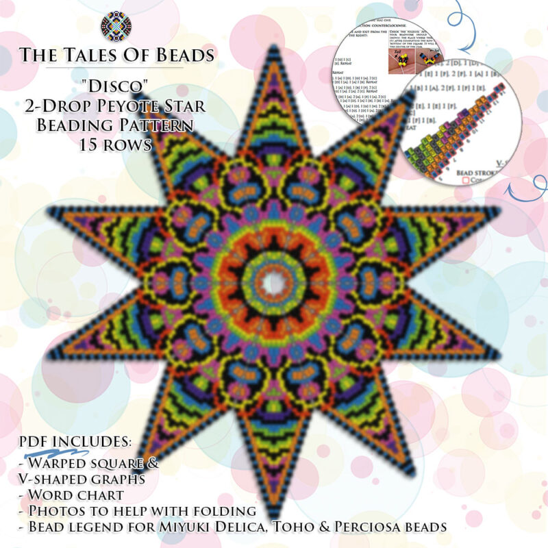A collage showing a neon colored 2-drop peyote star beading graph preview and pattern extracts