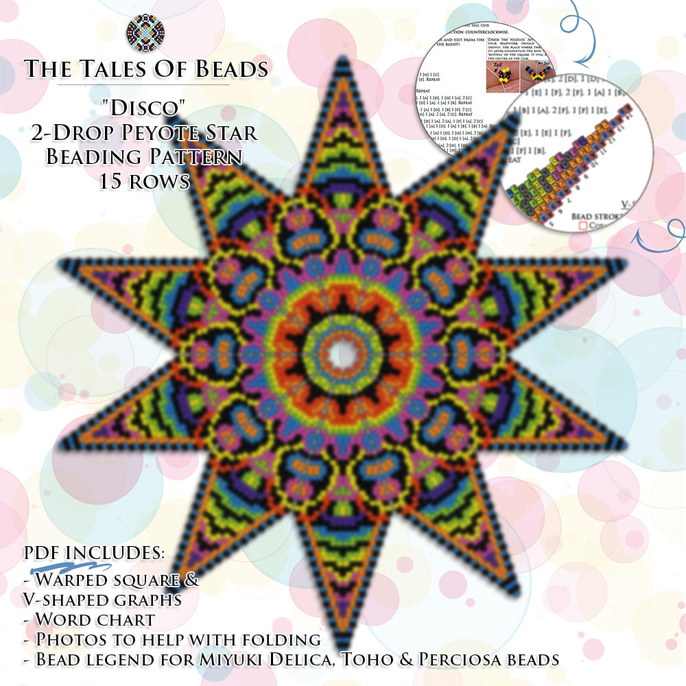 A collage showing a neon colored 2-drop peyote star beading graph preview and pattern extracts